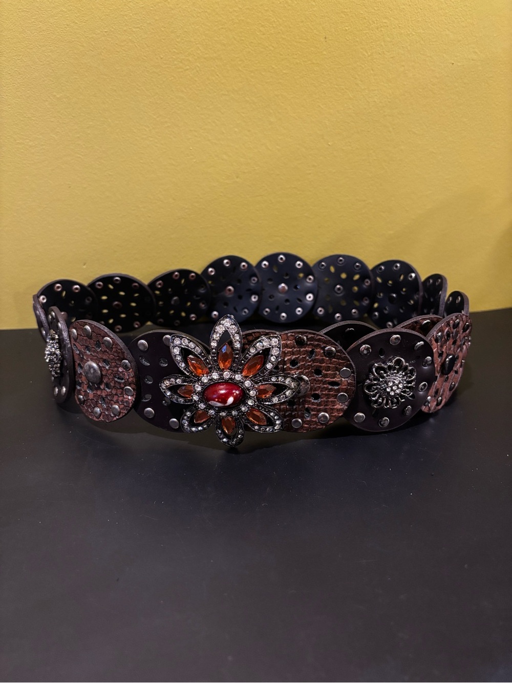 Studded Floral Gem Accent Brown Leather Belt - Women